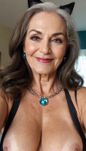 sexy mature granny, 65 years old granny, hoop earrings, long hair, make up, necklace, dark brunette, curvy, wide body, fake tiny little tits, small fake boobs, selfie, cat woman costume, sexy horny smile face, granny woman