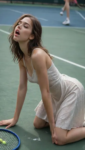 View from side, fully clothed, cum covered 30yo beautiful sexy tennis palyer, on all fours after being fucked, (((satin dress))), sexy dress lifted over her arse, slender body, long messy hair, moaning, mouth opened, (34c natural breasts), (tennis court by net), cinematic masterpiece, all, fours, arching4s, woman, cum, on, face, tennis, dress, <lora:arching4s:.1>, <lora:JustCum:.1>, <lora:xl_tennis_dress-1.0:.1>, <lora:add-detail-xl:.1>