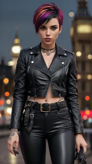 score_9, score_8_up, score_7_up, photorealistic, girl, cute, punk, seductive, innocent, very short hair, multicolored hair, in high detailed textured, (black leather jacket), piercing, small tattoo, black leather belt, (most iconic photo), (light smile:.3), belt unbuckled, pants open at the top, low riding pants, pubis visible, (London night background), (Cowboy shoot photo), (depth of field), (dynamic angle), (fine textures details), (sharp), (artistic image)