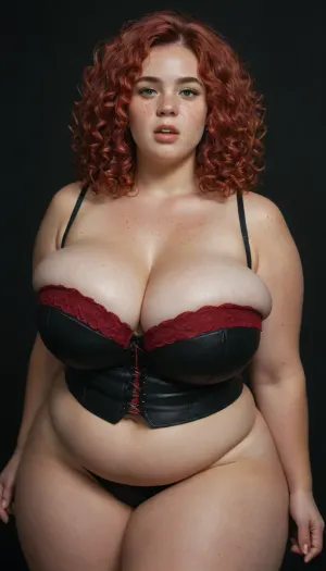 (((3/4 view))), 1 girl, very chubby woman, (bbw, fat:1.5), (freckles:1.5), (bright green eyes:1.5), (red hair:1.7), (extreme long, (red), curly hair), busty, (wearing black leather bustier), mouth open, (inside), (((black background))), giant boobs