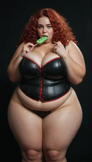 (((3/4 view))), 1 girl, very chubby woman, (bbw, fat:1.5), (freckles:1.5), (bright green eyes:1.5), (red hair:1.7), (extreme long, (red), curly hair), busty, (wearing black leather bustier), mouth open, (inside), (((black background))), giant boobs, eating a lolly