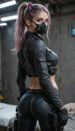 Beautiful 21 year old cyborg girl, wearing a tight crop top leather jacket zipped down, skinny, cleavage showing, small innocent face, small boobs, wearing tight leather pants, wearing a tactical belt with pouches, slut, wearing a thigh holster with a pistol, futuristic, high ponytail, long light purple hair, pelvic bones, thigh gap, detailed eyes, monster teeth design painted on her mask, wearing cat ear headphones, dark eyeshadow, wearing tactical gear, wearing atactical mask over her mouth and nose, detailed face, rear view, ultra high details, hyper realistic, hair clips, oily shiny skin, wet skin, pink and blue neon lights, on her knees on her bed, back arched, wearing gloves, <lora:Mecha_Ggorgeous_Armor-000011:.8>
