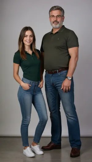 A sexy and hot girl, 21 years old, petite and slim, 5'3 tall, weighing 99 lbs, perfect gray and green eyes, tall rectangular thin gold glasses, long straight dark brown hair with a middle part and blonde highlights on the ends, plain white polo shirt, bell bottom jeans, white tenis shoes, looking at the camera, very cute smiling face, cutest woman, whole body, head to toe view, standing in front of a white wall in a professional photo studio, next to a naked 53-year-old man, 6'1 m tall, weighing 220 lbs, with a big belly, very short grey hair, very short grey beard, black jeans, black shoes
