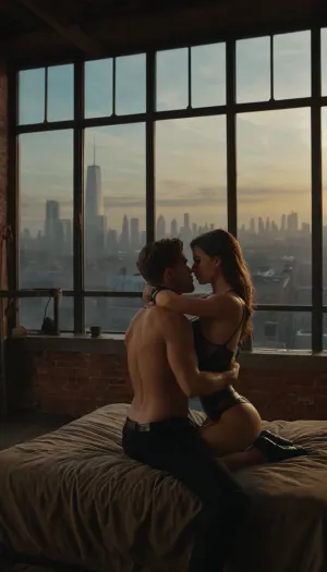 Young man intensely dominating young woman, hardcore intimate BDSM sex in an indutrial style loft bedroom, foggy city skyline view through windows in background