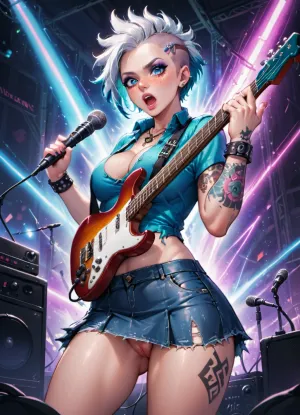 score_9, score_8_up, score_7_up, 1girl, freckles, music, punk, instrument, breasts, solo, singing, guitar, cleavage, open_mouth, side_boob, short_hair, mohawk_hair, tattoos, denim_mini_skirt, pussy, microphone, white_hair, electric_guitar, no_panties, ripped_tshirt, realistic, amplifier, microphone_stand, mini_skirt, bass_guitar, large_breasts, makeup, blue_eyes, denim