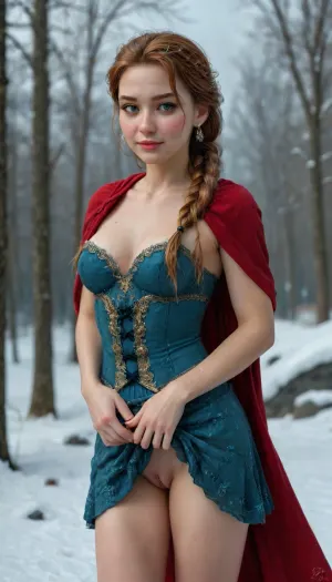 (masterpiece, best quality, highres, photorealistic), 18-year-old girl inspired by Anna from Frozen, sexy fantasy reimagining, petite and fit figure with soft pale skin, short tight-waisted corset in royal navy and gold embroidery barely covering her full perky breasts, erect nipples visible through the thin fabric, revealing deep cleavage framed by the corset lines, wearing a sheer teal skirt split open to both sides, exposing her smooth bare legs and crotch, shaved and glistening pussy visible beneath the flowing translucent fabric, pink labia subtly outlined, tight and neat anus centered and clean, loose dark rose-red cape draped behind her shoulders, small snowflakes glistening on the fabric, thin black gloves pushed halfway down her arms, her soft red-auburn hair tied in two playful braids falling over her chest, loose strands framing her youthful, flushed face, glowing green eyes wide and expressive, long lashes, glossy pink parted lips, gently blushing cheeks, seductive smile, standing with one foot slightly forward in snow-covered forest ruins, her hand lifting the front of her split skirt, head turned slightly toward viewer, background glowing with enchanted blue mist, shimmering frosty trees, and icy crystalline arches catching ambient moonlight, snowflakes caught in her lashes and braids, cold breath softly visible, soft magical lighting, ultra-fine texture on snow, cloth and skin, (ultra-detailed face and eyes:1.2), HDR, realistic anatomy, no distortions, (detailed enchanted snow background:1.3), <lora:PerfectEyesXL:1>, <lora:add-detail-xl:.8>, <lora:detailed_notrigger:.8>
