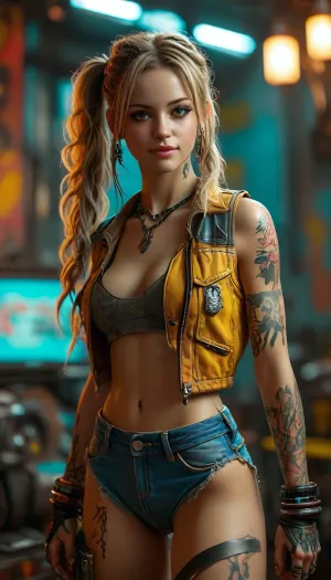 Mia, cyberpunk 2077, nomad, latina, full body, mechanical hands, black eyes, long blond hair, twintails hairstyle, colored tattoos, brown vest, jeans shorts, smiling, fashion pose, <lora:MJ52:.8>, <lora:278488_training_data:.8>