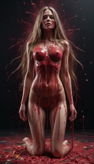 full body, image of a woman with a very long hair, horor style, splatter face, chaotic swirling blood spatter, dribbble 8k, nekro xiii, sculpted out of candy, human bodies intertwined, scribbled lines, surrender, polychromatic, anthropomorphic, humanoid, diffuse subsurface scattering