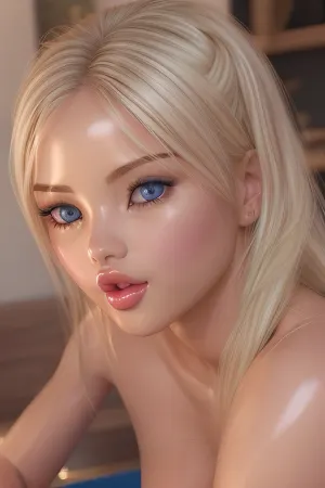 A close-up portrait of a woman with very dark skin, featuring strikingly bright blue eyes and flowing blonde hair. The image captures the contrast between her deep skin tone and the vividness of her eyes and hair, set against a softly blurred background that highlights her features. The lighting is warm and gentle, casting a soft glow on her face, enhancing the richness of her complexion and the luminosity of her eyes. The mood is one of elegance and strength, with a focus on the unique and captivating beauty of the subject., sdol, cum, tongue, see-trough, <lora:sdolsd1501-000029:1>