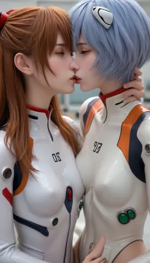Evangelion, 2girls, wearing mobil-suit, (anime:1.5), (hentai:1.5), Rei Ayanami and Asuka Langley Soryu kissing while rubing pussy against each other, scissors position, lesbian sex, high quality, perfect focus, 4k, 3d computer style, 3d, perfect face, perfect image