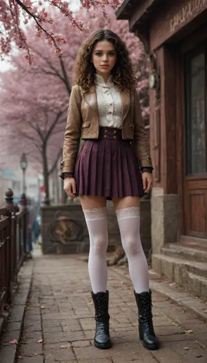 woman, judge, long curly hair, jacket, skirt, stockings, ankle boots, cherry blossoms, steampunk style, <lora:Nautilus:.8>