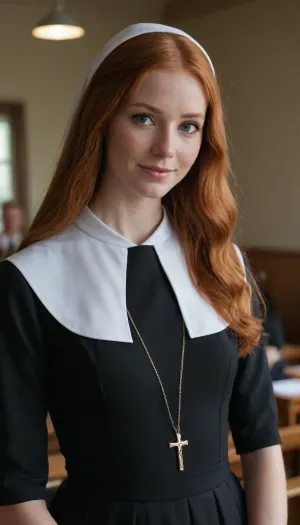 Sunlit realities: a professional photoshoot featuring mia sollis' freckled grace in a catholic nun dress