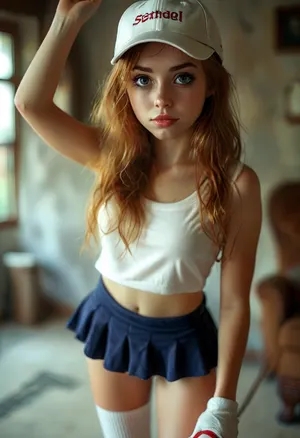 ((the whole girl visible in the frame)), ultra realistic smart incredibly beautiful seductive face, young escort woman, super model, 18 years old, (very slim, anorexic figure), long very shapely legs, narrow waist, looks directly at the viewer, swing golf pose, (Playing golf, baseball cap, micro skirt, long legs, perfect legs, long knee socks, sensual Seductive, big eyes, beautiful eyes:1.2), back view, long ginger hair, (seduce, sexy, wants to fuck:1.1), (white skin. smile:1.1), HDR photo, best quality, ultra-detailed, masterpiece, finely detail, highres, 8k wallpaper, photorealistic, perfect illumination, best shadow, best shot, ((engaging view)), full scene picture, soft lighting, bhands, perfect fingers, little hands, (5/6th body:1.5), the woman is looking with amazement at viewer, (looking up), detailxl, perfecteyes, <lora:MJ52:.5>, <lora:lora-sdxl-perfect-eyes:.5>, <lora:style_lora_realis:.7>