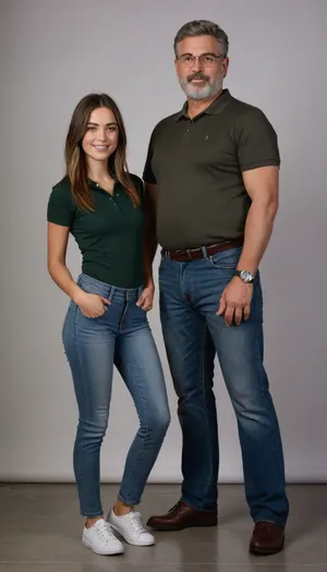 A sexy and hot girl, 21 years old, petite and slim, 5'3 tall, weighing 99 lbs, perfect gray and green eyes, tall rectangular thin gold glasses, long straight dark brown hair with a middle part and blonde highlights on the ends, plain white polo shirt, bell bottom jeans, white tenis shoes, looking at the camera, very cute smiling face, cutest woman, whole body, head to toe view, standing in front of a white wall in a professional photo studio, next to a naked 53-year-old man, 6'1 m tall, weighing 220 lbs, with a big belly, very short grey hair, very short grey beard, black jeans, black shoes