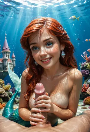 disney, redhead Princess ariel, the little mermaid, mermaid body, topless, looks curious, wet body, wet hair, detailed background, perfect detailed body, detailed skin texture, cute face, realistic face, full body view, under the sea, handjob, happy, enjoying, stroking dick, pov, nude, breast exposed, FRESHIDEAS, Underwater, Palace, mermaid, <lora:FRESHIDEAS Underwater Palace:.8>, <lora:mermaid_xl_v1:.8>
