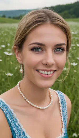 (high quality photographie), (detailed eyes), (detailed skin), (ultra sharp), upper body portrait of an austrian 26yo woman with natural blond pinned up hair flat-chested, height = 170 cm, very long legs, slim, very high cheeks, very elongated broad nose, very narrow mouth, slight overbite on top, very white teeth, very narrow upper lip, thick lower lip, very big eyes, gray-green eyes, very thin dark eyebrows, in traditional austrian blue dirndl dress on a summer meadow, pearl earrings, pearl necklace, laughing smile