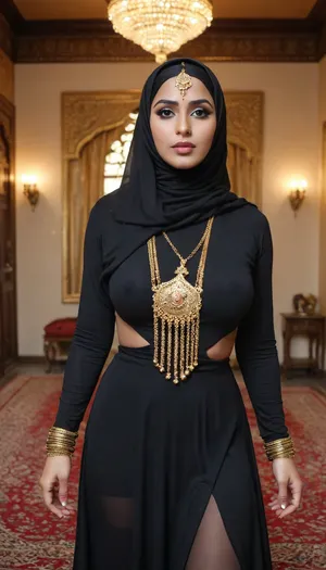 A gorgeous muslim indian gurl wearing a black hijab dress, golden harem chains, big perfect boobs, eyes, face covered with golden hijab, big ass, indian room, perfect lipstick, golden jewellery, full body, harem small, long hairs, milk, cum
