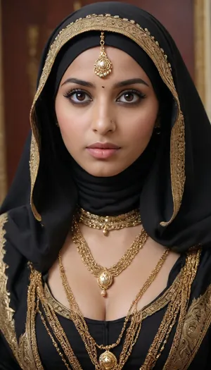 A gorgeous muslim indian gurl wearing a black hijab dress, golden harem chains, big perfect boobs, eyes, face covered with golden hijab, big ass, indian room