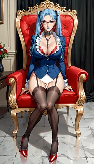 in a dungeon jail with many rooms, each room are separated by metal bars between them, in each room cell are many man completely naked with hands tied behind the back and suspended in shackles with ceiling chains, Sona dominatrix, seating in the middle of the room on a throne king chair, man naked with hands tied behind the back, and suspended in shackles with ceiling chains, in front of the mistress 2 muscular man naked, 2 muscular man naked in front of the mistress, view from front, front view, British headmistress, gran, grandma, facial wrinkles, black lipstick, 55 years old Nordic woman blue lipstick, pale skin, (full frame view), angry attitude, arrogant attitude, dominant face, bitchy face, ((Looks disapproving at the camera:1.3)), looking at the viewer, intense stare, look at the viewer, eye contact, looking at camera, wearing red glasses, blue lipstick, and ginormous breast, blue eyes, 45 years old Victorian British headmistress, striking blue eyes, wearing glasses, milf body, boobs, (best quality:1.2), Victorian mature face, British Victorian headmistress, wearing full body satin transparent see trough uniform, uniform covering completely the breast, all uniform buttons close tight around breast, all buttons close, tight white shirt, tight white shirt with all buttons tight close, (((tight white satin shirt))), wearing very high heels red fetish shoes, strict evil mistress, looking very upset and angry at camera, blue hair, gradient hair, collarbone, hair ornament, long hair, blue dress, breasts, close-up, portrait, 1girl, blue_eyes, blue_hair, long_hair, twintails, yellow_hair_at_the_ends, hair_ornaments, wearing huge big thick chrome metal collar, pussy visible, no panties, no knickers, shaved pussy, clean pussy, huge big pussy naked, clean big fat pussy, huge pussy visible, wearing dark red satin ruffle lace dark red bra, naked wearing black nylon shiny stockings, naked wearing very high heels dark red shoes, naked standing on high heels, full body in picture, legs are visible in view, dark red shoes are visible, shiny stockings and garter belt, (((wearing secretary open bust office blue satin blazer and white transparent ruffle shirt))), all buttons open, seating on a throne king chair, <lora:beautiful_girl_ver1.1:.5>, <lora:milkers_v2:.5>
