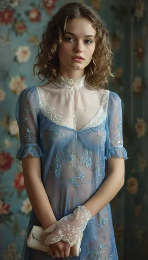 The image shows a young woman standing in front of a floral wallpaper. She is wearing a sheer see-thu blue dress with a white lace collar and white gloves. The dress has a high neckline and short sleeves. The woman is holding a small blue purse in her hands and is looking down at it with a serious expression on her face. Her hair is styled in loose curls and she appears to be in her twenties. The overall mood of the image is sensual and elegant., seethru, <lora:seethruv3_SDXL:.5>, <lora:MJ52:.8>