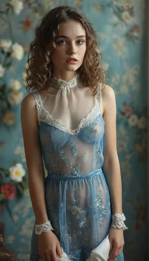 The image shows a young woman standing in front of a floral wallpaper. She is wearing a sheer see-thu blue dress with a white lace collar and white gloves. The dress has a high neckline and short sleeves. The woman is holding a small blue purse in her hands and is looking down at it with a serious expression on her face. Her hair is styled in loose curls and she appears to be in her twenties. The overall mood of the image is sensual and elegant., seethru, <lora:seethruv3_SDXL:.5>, <lora:MJ52:.8>