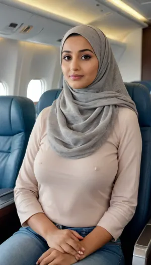 A indian young busty a realistic newly married muslim wife wearing hijab busty ass and busty figure gorgeous face wearing jeans and hijab sitting in a aeroplane bip lounge with husband