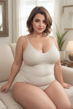 The image shows a obese mature woman with a short stature, standing in a living room setting. A dark grey couch with patterned throw pillows is visible in the background, suggesting a casual, homey environment. The walls are a neutral beige color, and a framed mirror hangs on the wall behind her to the left.
The woman has shoulder-length brown hair with balayage highlights, styled in soft layers that frame her face. She is looking directly at the viewer with a seductive expression. Her features include soft, slightly rounded cheeks and a big smile.
She is wearing a low-cut, black, v-neck sleeveless t-shirt. The t-shirt reveals her cleavage and the natural shape of her large breasts, which are saggy, and droopy. Her figure is full and curvy, with a noticeable fat belly. Her hips are wide, and her thighs are thick, showing visible cellulite. She is wearing tight shorts that part of a set with the t-shirt.
The lighting in the image is bright and well lit, casting gentle shadows and highlighting her features and body shape without harshness. The overall tone of the image is natural and unposed, focusing on the woman's appearance in a relaxed setting. Cameltoe, huge ass, bottomheavy, big, ass, huge, gigantic, thick, thighs, massive, hanging, breasts, milf, <lora:Milf:.8>, <lora:age_slider_v20:.8>