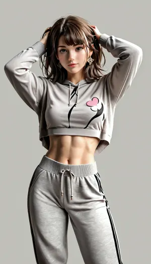 50yo brunette with streaks of gray hair, medium breasts, (gray sweatpants extreme sort on hipsters revealing pubic hair, short gray sweatshirt, up to half a breast), white and pink sneakers, hands in hair above head, standing in kitchenfantasy, intricate, elegant, highly detailed, digital painting, artstation, concept art, smooth, illustration, art by artgerm and greg rutkowski and alphonse mucha, in the style of a WLOP