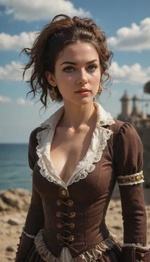 Steampunk female pirate queen, hero view, action pose, extremely beautiful detailed piercing eyes, cinematic scene, scenery, detailed background, masterpiece, best quality, high quality, absurdres, very detailed, high resolution, sharp, sharp image, 8k, vivid, colorful, <lora:steampunk_xl_v2:1>