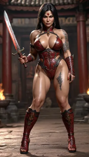 60 years old barbarian hot busty beautiful sexy mature woman in mortal kombat lui kang ripped attire, crouch in a warzone, fire on background, (extremely oiled body:1.9), beautiful long tattooed legs, hourglass body, hourglass petite figure, full body view, full length professional photography, huge saggy breasts, open toe high heels, katana in hands, sword, red manicure, <lora:SDXLHighDetail_v6-000005:.6>, <lora:detailed_notrigger:.9>