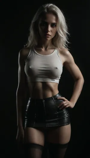 (score_7_up, score_8_up, score_9, 1girl, solo, masterpiece), (focus on hip gap, skindentation:1.1), sultry, seductive, seducing, alluring, intimate, sexual, horny, ((long white hair)), ((black leather micro skirt), 18yo girl, (athletic skin body), (narrow waist:1.4), ((hip gap)), insatiable, lustful, erotica, irresistible, ziprealism, (ana de armas), white crop top, erected nipples, black stockings, (black background, chiaroscuro lighting:1), <lora:sunnyrayyxo_v1_SDXLBase:.4>, <lora:dark:.6>)