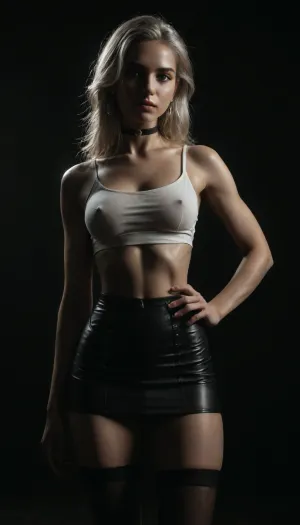 (score_7_up, score_8_up, score_9, 1girl, solo, masterpiece), (focus on hip gap, skindentation:1.1), sultry, seductive, seducing, alluring, intimate, sexual, horny, ((long white hair)), ((black leather micro skirt), 18yo girl, (athletic skin body), (narrow waist:1.4), ((hip gap)), insatiable, lustful, erotica, irresistible, ziprealism, (ana de armas), white crop top, erected nipples, black choker, oiled skin, black stockings, (black background, chiaroscuro lighting:1), <lora:sunnyrayyxo_v1_SDXLBase:.4>, <lora:dark:.6>)