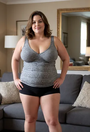 1/2 side view, The image shows a obese mature woman with a short stature, standing in a living room setting. A dark grey couch with patterned throw pillows is visible in the background, suggesting a casual, homey environment. The walls are a neutral beige color, and a framed mirror hangs on the wall behind her to the left.
The woman has shoulder-length brown hair with balayage highlights, styled in soft layers that frame her face. She is looking directly at the viewer with a seductive expression. Her features include soft, slightly rounded cheeks and a big smile.
She is wearing a low-cut, black, v-neck sleeveless t-shirt. The t-shirt reveals her cleavage and the natural shape of her large breasts, which are saggy, and droopy. Her figure is full and curvy, with a noticeable fat belly. Her hips are wide, and her thighs are thick, showing visible cellulite. She is wearing tight shorts that part of a set with the t-shirt.
The lighting in the image is bright and well lit, casting gentle shadows and highlighting her features and body shape without harshness. The overall tone of the image is natural and unposed, focusing on the woman's appearance in a relaxed setting. Cameltoe, huge ass, bottomheavy, big, ass, huge, gigantic, thick, thighs, massive, hanging, breasts