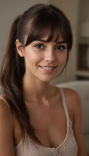 (hyper feminine features, adorable Latina girlfriend:1.5), (avant-garde snapshot esthetic, medium closeup, loose closeup, sharp focus:1.4), (long delicate eyelashes, subtle makeup, natural look makeup, soft flirty smile:1.2), (long hair, ponytail, stray strands of hair, loose fringe of hair, hair fringe framing face:1.5), (sitting on the couch, wearing headphones:1.2), (masterpiece, best quality, 8k, RAW photography, award-winning, uncompressed, maximum quality), (professional color grading:1.2), (softly blurred background, soft bokeh), (natural skin texture, realistic skin details, subtle vellus hairs), (maximum hair detail, natural hair texture), (maximum eye detail, expressive eyes, visible limbal ring, detailed iris texture, realistic eye texture), ziprealism