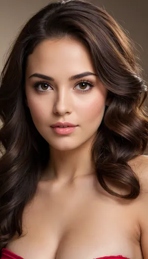 Latin girl of 18 with confident and seductive posture, Curvaceous and marked figure, with wide hips, generous bust and narrow waist, forming a natural hourglass silhouette, Light brown or cinnamon skin, smooth and with a healthy glow, Firm and shapely legs, with a fluid and striking walk, Face slightly elongated or heart-shaped, with expressive features, Dark eyes, deep and with an intense gaze, accompanied by long eyelashes and well-defined eyebrows, Nose Straight or slightly upturned, small and delicate, Lips Full and fleshy, naturally marked, with a curve that is usually in a mischievous or confident half-smile, Cheeks With a slight natural blush, marked with high cheekbones that highlight her expression, Hair Long, abundant and dark brown or jet black, with warm highlights, Hair style Loose with large, natural waves, falling down her back or over one shoulder, Hair texture Voluminous, shiny and with movement.