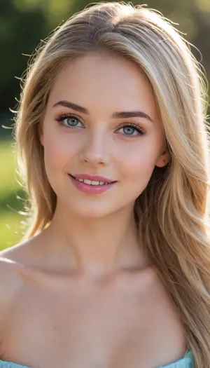 Girl of 18 years, medium tits, Nude, Elegant and feminine figure, Clear and soft skin, oval-shaped face, light blue or greyish blue, Delicate but well defined eyebrows, Lips Pink and well contoured, as if always about to smile, Cheeks Slightly naturally flushed, with a healthy glow, Hair Light blonde, shiny and silky, with golden highlights in the sun, Hairstyle Styled in a long braid falling over one shoulder, neat but with a few loose strands framing her face.