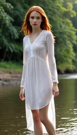 The 18 year old white girl with fiery red hair is in the jungle next to a river, she is very skinny, see-through_silhouette, white_shirt, white_dress, <lora:light_see:1.5>