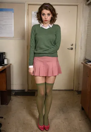 detailed face, beautiful face, big eyes, shy Christian girl wearing a skirt that is much shorter than what she feels comfortable with, very short pink mini skirt, (pink thigh high stockings:1.1), pink plateau high heels, (moss green cashmere pullover), she feels vulnerable and exposed, she is embarrassed, short brown wavy hair, curly brown bobcut, short, small tits, she is ashamed, distressed expression, the outfit does not fit her, she looks out of place, she feels uncomfortable, she asks "Must I wear this?", in the office, <lora:FD_XL_ENF:.8>