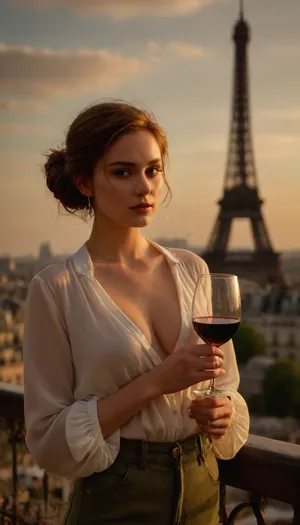 (masterpiece, best quality, highres, photorealistic), 18-year-old French girl named Camille, seductive and elegant, slender and curvy body with an hourglass silhouette, soft porcelain skin with natural rosy glow, standing barefoot on a Parisian rooftop terrace at golden hour, loose cropped jeans with frayed cuffs hugging her hips and thighs, short unbuttoned white silk blouse barely tied under her large, round, firm breasts, revealing deep cleavage and undercurve, sheer fabric softly clinging to her skin, nipples subtly outlined beneath the silk, long auburn hair tied in a messy low bun with loose strands falling over her face, soft flushed cheeks, full glossy lips slightly parted, large green eyes with smoky makeup and dreamy gaze, gold hoop earrings and thin layered chains on neck, one hand holding a half-filled wine glass, the other resting on her exposed hip, light breeze lifting the edge of her blouse and hair, romantic view of the Eiffel Tower and cloudy amber sky behind her, detailed textures of fabric, skin and urban stonework, cinematic lighting, painterly golden shadows across her curves, photorealistic softness and atmosphere, ultra-detailed focus, strong femininity, <lora:PerfectEyesXL:1>, <lora:add-detail-xl:.8>
