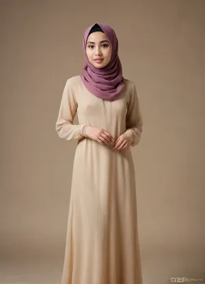 Cinematic full-body portrait of a petite 24-years-old Southeast Asian Muslim woman, (full body:1.5), (petite Indonesian woman:1.4), (realistic anatomy:1.4), (natural skin texture:1.2), soft oval face, clear light-tan skin, almond-shaped monolid eyes with dark irises, delicate slightly sharp nose bridge, heart-shaped lips, rounded chin, gentle serene expression. Wearing a flowing full-length long-sleeved silk chiffon dress in pastel cream-beige, sage green, dusty rose, or taupe, (1.5), (loose modest Muslim attire:1.5), softly draping her body. The fabric subtly reveals the feminine silhouette through its natural cling and transparency in movement and light, (graceful curves subtly visible:1.3), Background in natural soft daylight, (golden hour or overcast), or minimalist studio scene with warm shadows.

Moody yet elegant atmosphere, sensual, erotic, Inspired by Wong Kar Wai and Emmanuel Lubezki aesthetics, woman, small rounded breast, tiny nipples, see-through, nsfw, suggestive expression, braless, no panties, hijab, scarf, jerseyseries, silkseries, parisseries, <lora:finenude_v0_2a:.8>, <lora:hijab-style:1.5>