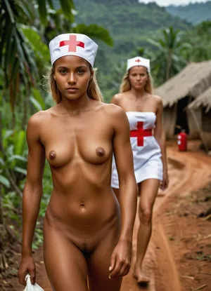 beautiful fully naked tanned 21 years old dark blonde sporty woman with nurse´s cap and blue eyes and firm breasts and shaved pussy walking in the middle of jungle village with naked male native people walking in blurred background, (white nurse´s cap with red cross), ((3/4 body view of seamlessly deeply tanned naked blonde woman walking in foreground and naked male native black African people walking in blurred background)), white first-aid-bag with red cross, african village