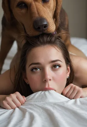 24 yo girl looks like Princess Bubblegum from adventure time, face down, (biting sheets:1.2), (gripping sheets:1.2), (rolling eyes:.7), brown eyes, ((((hair pulled taut by dog's mouth:1.5)))), fucked by a ferocious dog, (((((dog has girl's hair in mouth))), <lora:detailer-xl:.8>, <lora:DetailedEyes_V3:.8>, <lora:708827_training_data:.8>))