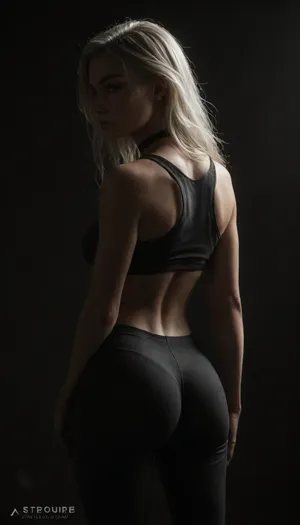 (score_7_up, score_8_up, score_9, 1girl, solo, masterpiece), (portrait rear view), (skindentation:1.1), sultry, seductive, seducing, alluring, intimate, sexual, horny, ((long white hair)), ((black yoga pants), 18yo girl, (athletic skin body), (narrow waist:1.4), ((hip gap)), insatiable, lustful, erotica, irresistible, ziprealism, little underboob black crop-top, black choker, blue eyes, (black background, chiaroscuro lighting:1), <lora:sunnyrayyxo_v1_SDXLBase:.4>, <lora:dark:.6>)