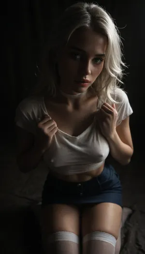 (score_7_up, score_8_up, score_9, 1girl, solo, masterpiece), (portrait overhead view), on knees, (skindentation:1.1), sultry, seductive, seducing, alluring, intimate, sexual, horny, ((long white hair)), (blue micro skirt), 18yo girl, (athletic skin body), (narrow waist:1.4), ((hip gap)), insatiable, lustful, erotica, irresistible, ziprealism, sideboob white work-shirt, white choker, hands up, white stockings, (white wet g-strings), blue eyes, (black background, chiaroscuro lighting:1), <lora:sunnyrayyxo_v1_SDXLBase:.4>, <lora:dark:.6>