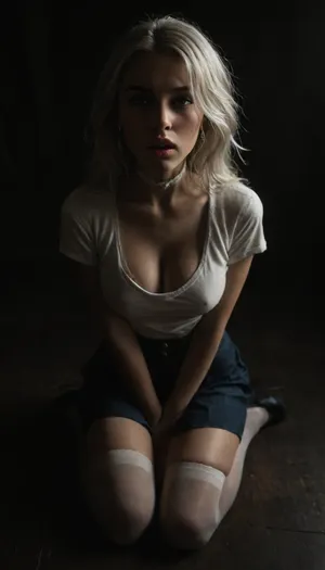 (score_7_up, score_8_up, score_9, 1girl, solo, masterpiece), (overhead view), on knees, (skindentation:1.1), sultry, seductive, seducing, alluring, intimate, sexual, horny, ((long white hair)), (blue micro skirt), 18yo girl, (athletic skin body), (narrow waist:1.4), ((hip gap)), insatiable, lustful, erotica, irresistible, ziprealism, sideboob white work-shirt, white choker, opened mouth, hands up, white stockings, (white wet g-strings), blue eyes, white platform high-heels, cleavage, ample cleavage, (black background, chiaroscuro lighting:1), <lora:sunnyrayyxo_v1_SDXLBase:.4>, <lora:dark:.6>