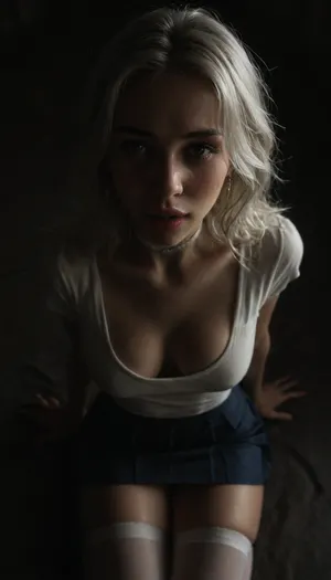 (score_7_up, score_8_up, score_9, 1girl, solo, masterpiece), (overhead view), view from above, on knees, focus on face, (skindentation:1.1), sultry, seductive, seducing, alluring, intimate, sexual, horny, ((long white hair)), (blue micro skirt), 18yo girl, (athletic skin body), (narrow waist:1.4), ((hip gap)), insatiable, lustful, erotica, irresistible, ziprealism, sideboob white work-shirt, white choker, opened mouth, white stockings, (white wet g-strings), blue eyes, cleavage, tongue pulled out, smiling, cum on chin, ruined make-up, tears, ample cleavage, (black background, chiaroscuro lighting:1), <lora:sunnyrayyxo_v1_SDXLBase:.4>, <lora:dark:.6>
