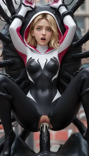 venom suit, corrupted by venom, spider gwen, (in to the spiderverse), spider gwen with symbiote suit, fucked by Venom, (Marvel Comics), creampie, restrained by black venom tentacles, moaning sound effects, hearts effect