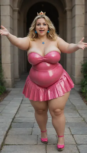 1 girl, character Princess Peach, very chubby woman, (bbw, fat:1.6), very busty, full pink lips, small crown, bright yellow hair, pink latex strapless dress with long pleated skirt, blue earrings, necklace with blue pendant, pink high heel shoes, mouth open, smiling, standing, arms reaching forward, castle background