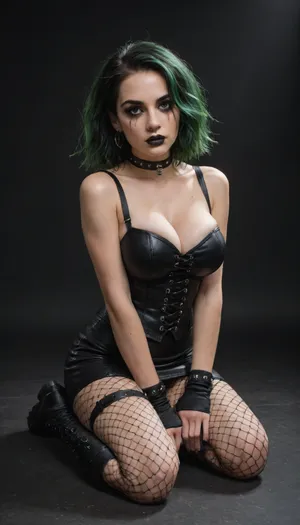 The girl, (black background), sitting on the floor, on her knees, legs together, the girl has green hair, a gothic appearance, Goth girl, black lipstick, smoky eyes makeup, smeared mascara, a choker on her neck, a piercing, wristbands on her hands, combat boots and fishnet tights on her feet, with a short skirt on which there is a chain, sitting on her knees and with her legs together, she is dressed in a bustier, the bustier is gothic huge breasts.