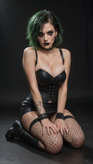 The girl, (black background), sitting on the floor, on her knees, legs together, the girl has green hair, a gothic appearance, Goth girl, black lipstick, smoky eyes makeup, smeared mascara, a choker on her neck, a piercing, wristbands on her hands, combat boots and fishnet tights on her feet, with a short skirt on which there is a chain, sitting on her knees and with her legs together, she is dressed in a bustier, the bustier is gothic huge breasts.